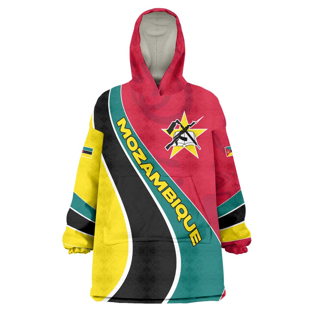 Mozambique Wearable Blanket Hoodie with Red Yellow Green Wave Design and National Emblem - Wonder Print Shop