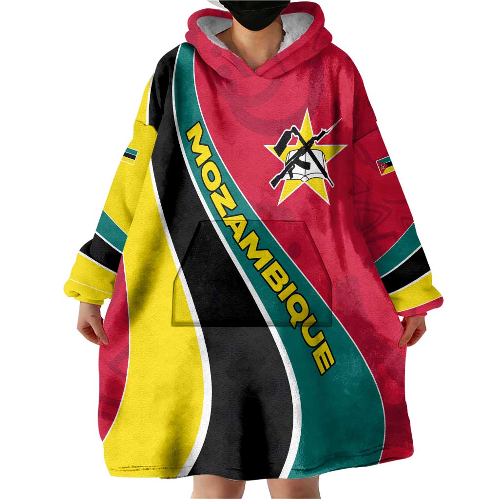 Mozambique Wearable Blanket Hoodie with Red Yellow Green Wave Design and National Emblem - Wonder Print Shop
