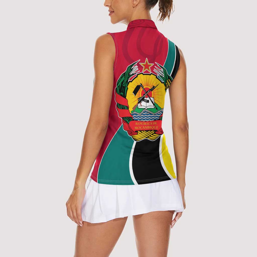 Mozambique Women Sleeveless Polo Shirt with Red Yellow Green Wave Design and National Emblem - Wonder Print Shop