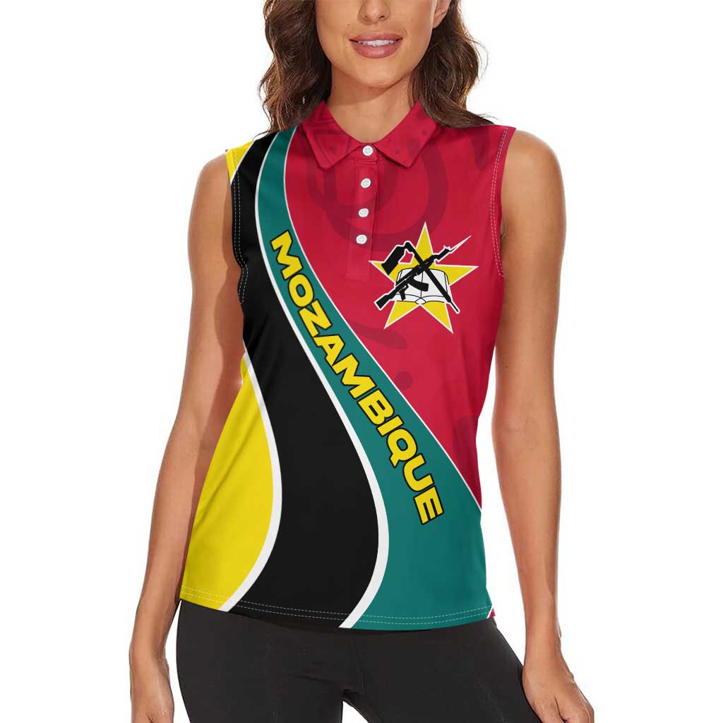 Mozambique Women Sleeveless Polo Shirt with Red Yellow Green Wave Design and National Emblem - Wonder Print Shop