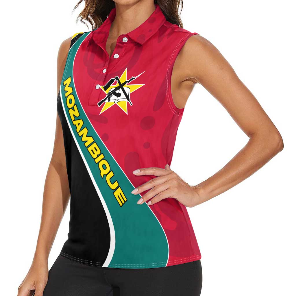 Mozambique Women Sleeveless Polo Shirt with Red Yellow Green Wave Design and National Emblem - Wonder Print Shop