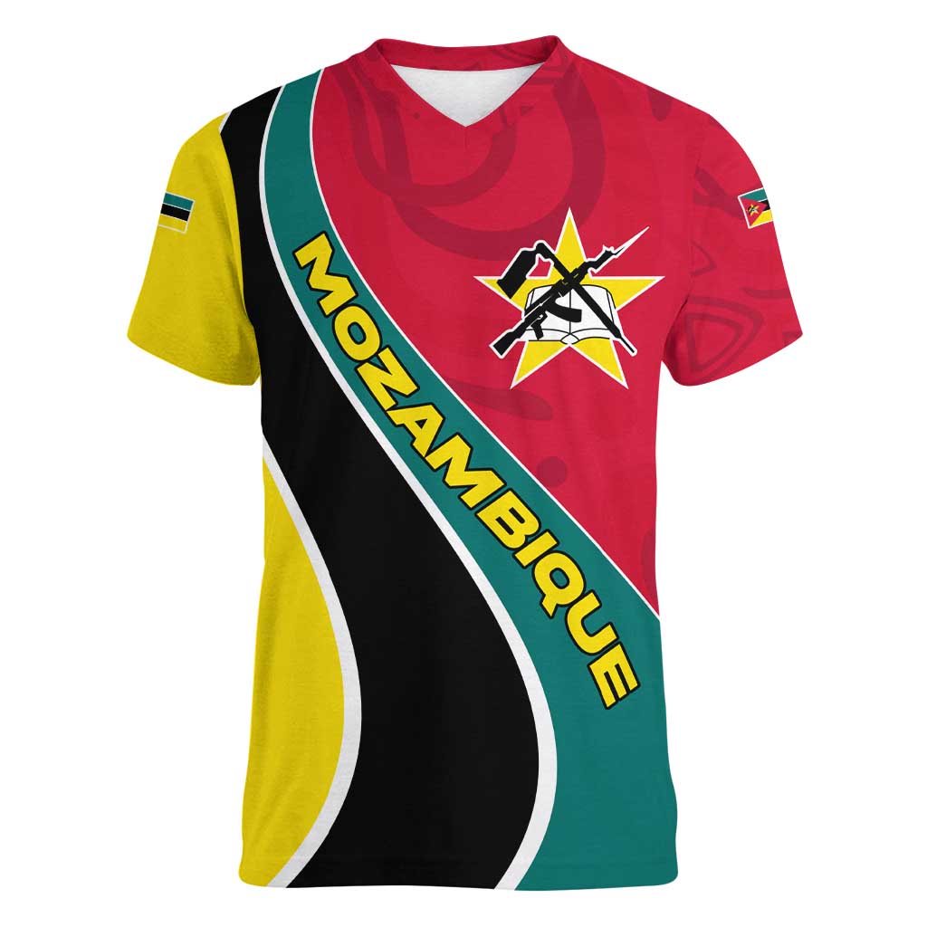 Mozambique Women V-Neck T-Shirt with Red Yellow Green Wave Design and National Emblem - Wonder Print Shop