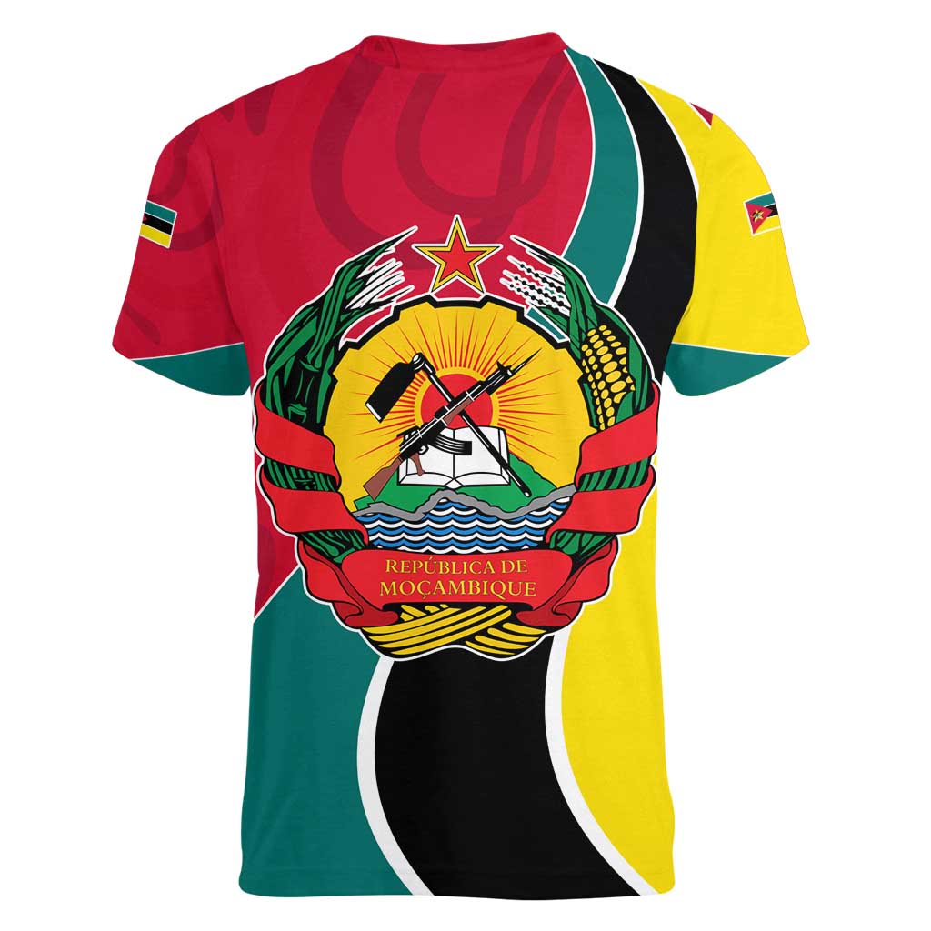 Mozambique Women V-Neck T-Shirt with Red Yellow Green Wave Design and National Emblem - Wonder Print Shop