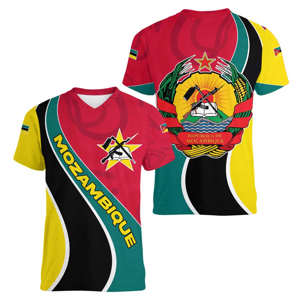 Mozambique Women V-Neck T-Shirt with Red Yellow Green Wave Design and National Emblem - Wonder Print Shop