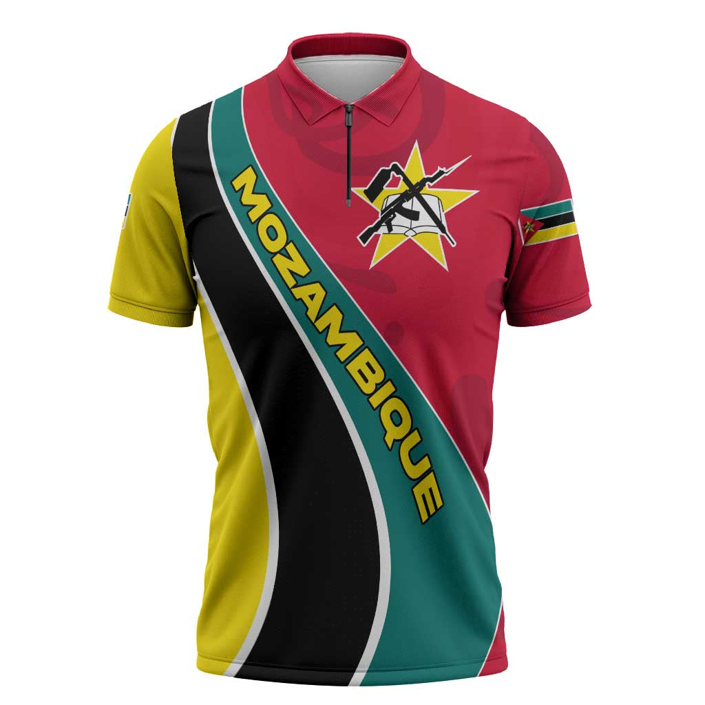 Mozambique Zipper Polo Shirt with Red Yellow Green Wave Design and National Emblem - Wonder Print Shop