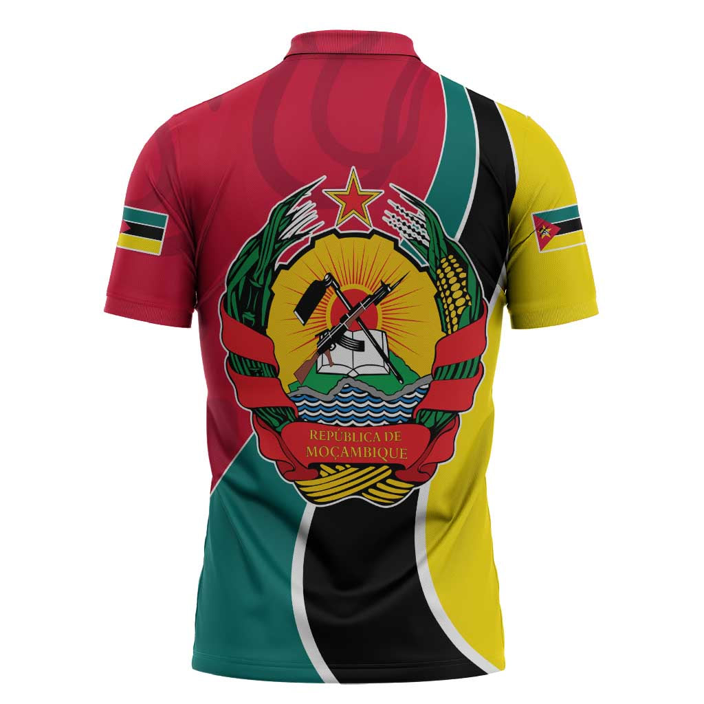Mozambique Zipper Polo Shirt with Red Yellow Green Wave Design and National Emblem - Wonder Print Shop