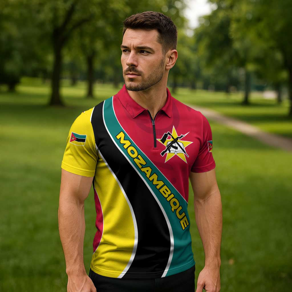 Mozambique Zipper Polo Shirt with Red Yellow Green Wave Design and National Emblem - Wonder Print Shop