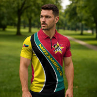 Mozambique Zipper Polo Shirt with Red Yellow Green Wave Design and National Emblem - Wonder Print Shop