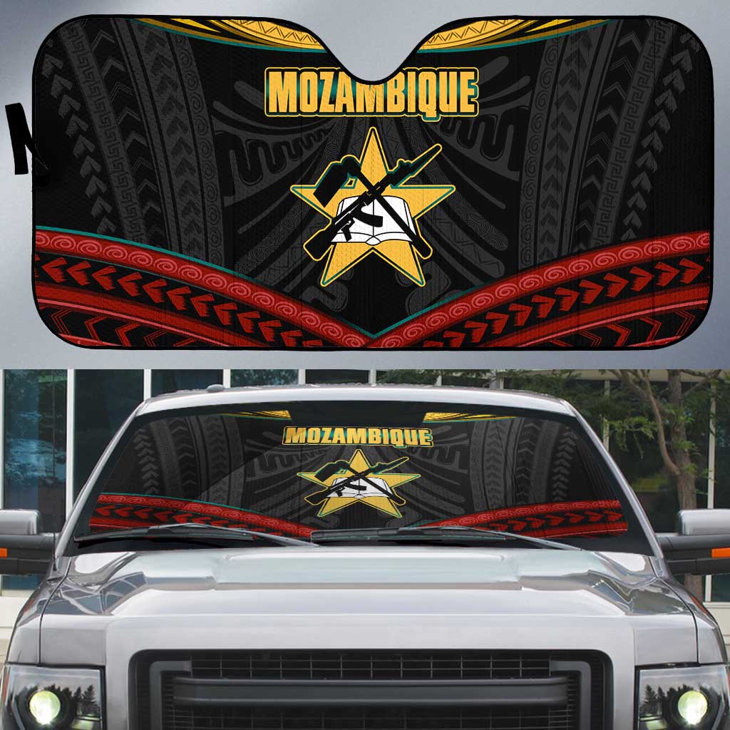 Mozambique Auto Sun Shade with Black Red Tribal Design and National Map Pattern - Wonder Print Shop