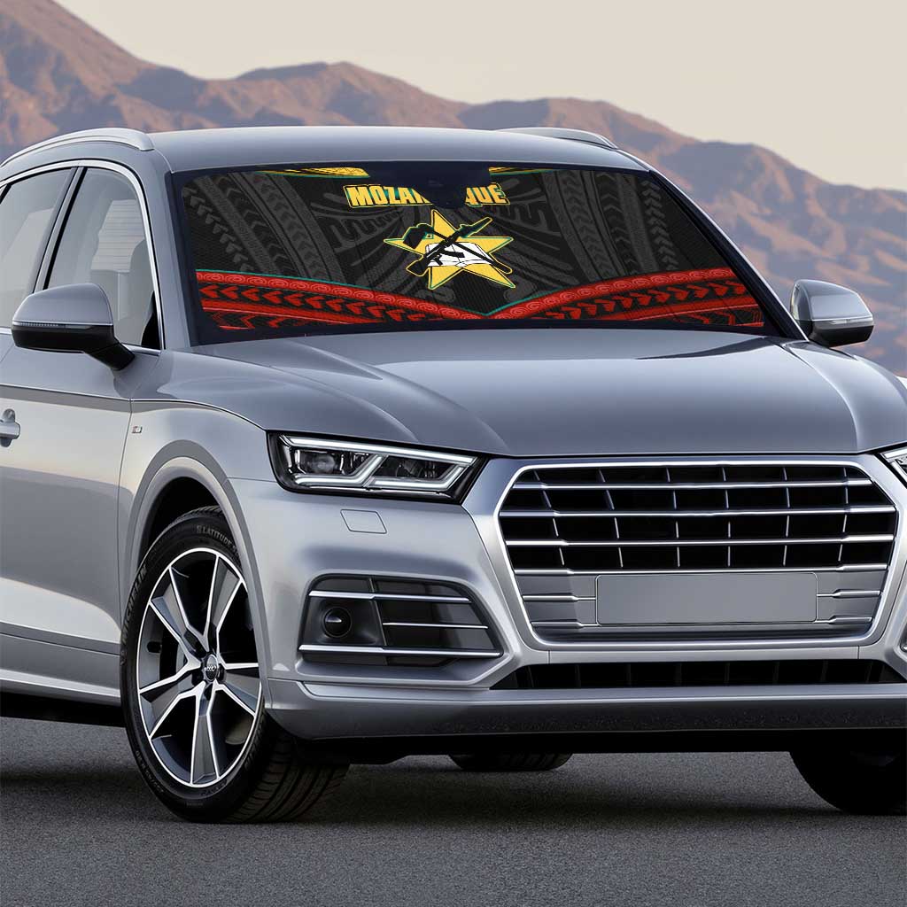 Mozambique Auto Sun Shade with Black Red Tribal Design and National Map Pattern - Wonder Print Shop