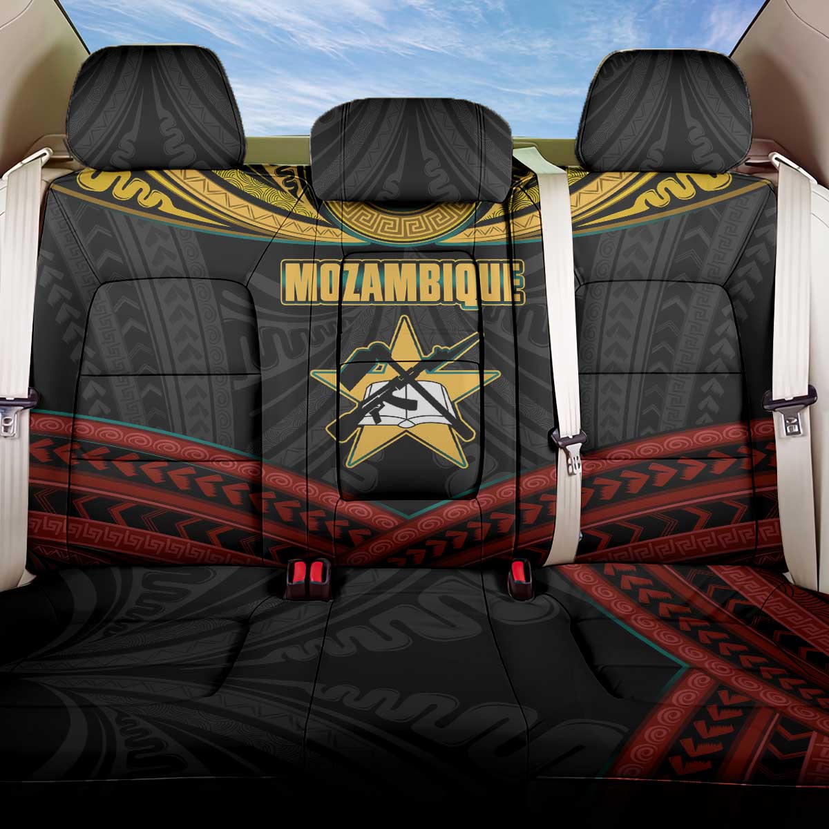 Mozambique Back Car Seat Cover with Black Red Tribal Design and National Map Pattern - Wonder Print Shop
