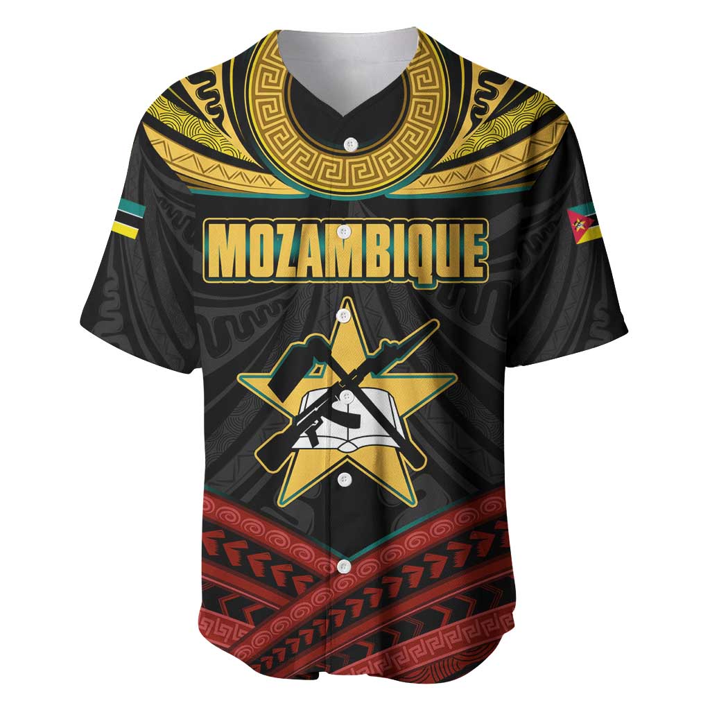 Mozambique Baseball Jersey with Black Red Tribal Design and National Map Pattern - Wonder Print Shop