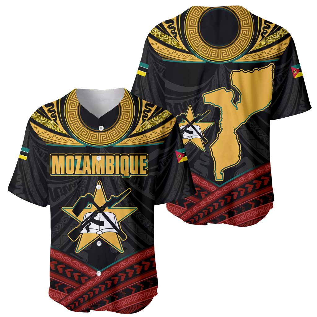 Mozambique Baseball Jersey with Black Red Tribal Design and National Map Pattern - Wonder Print Shop
