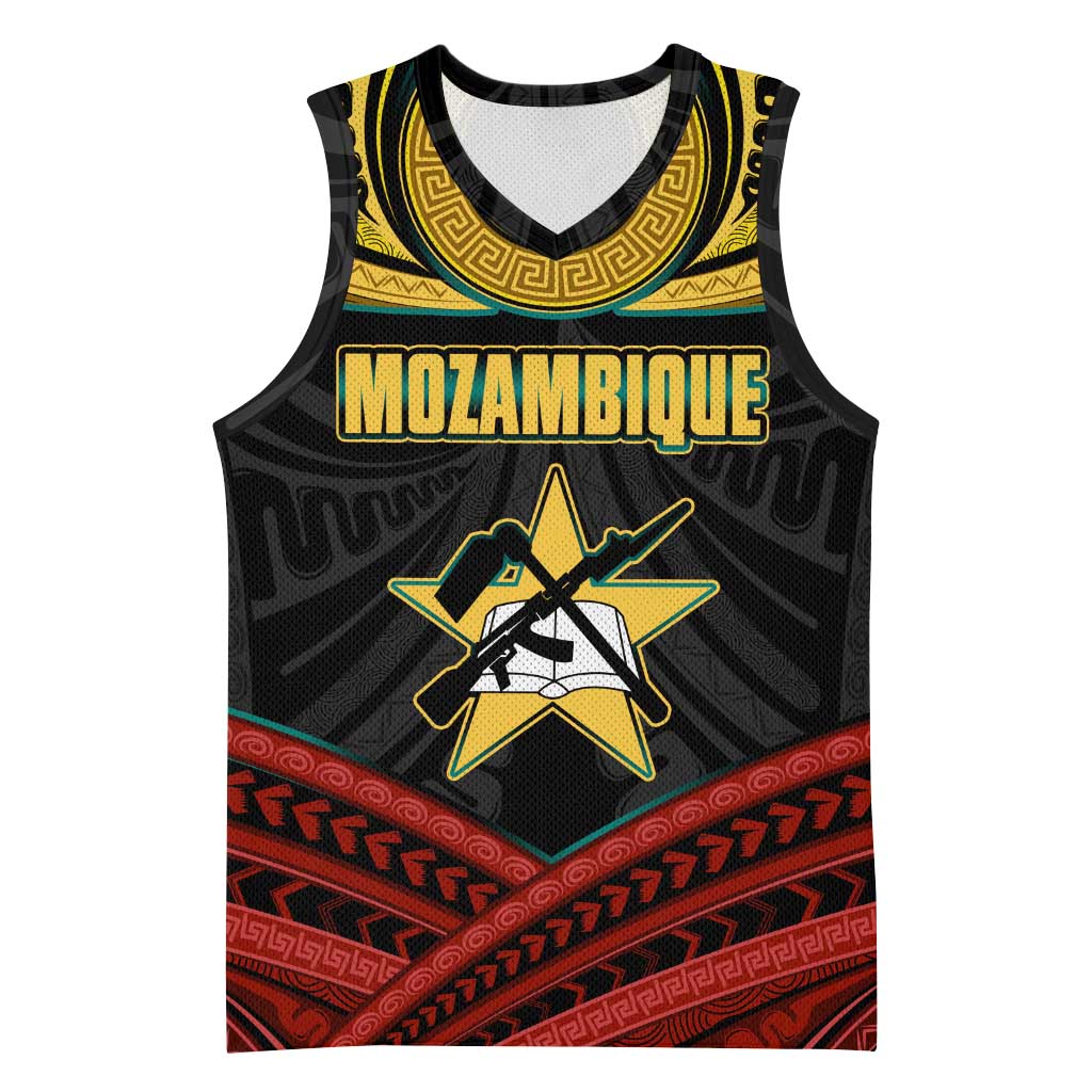 Mozambique Basketball Jersey with Black Red Tribal Design and National Map Pattern - Wonder Print Shop