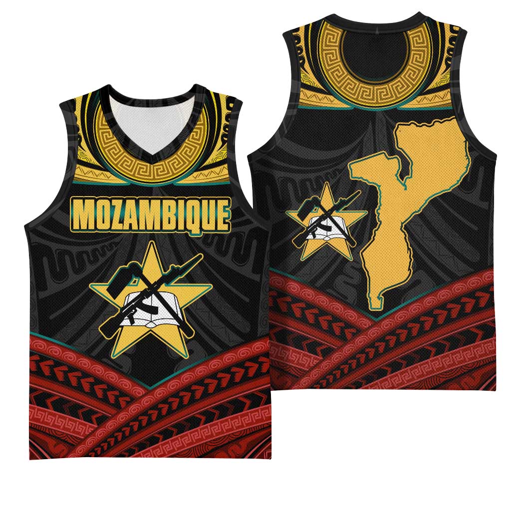 Mozambique Basketball Jersey with Black Red Tribal Design and National Map Pattern - Wonder Print Shop