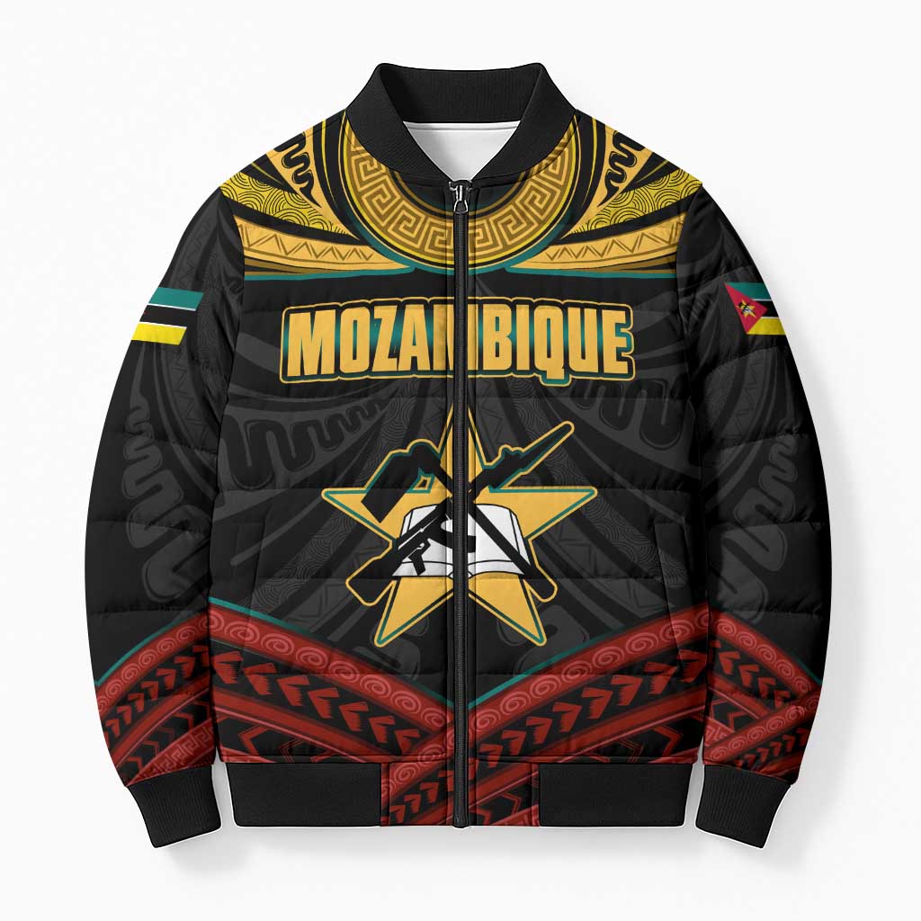 Mozambique Bomber Puffer Jacket with Black Red Tribal Design and National Map Pattern - Wonder Print Shop