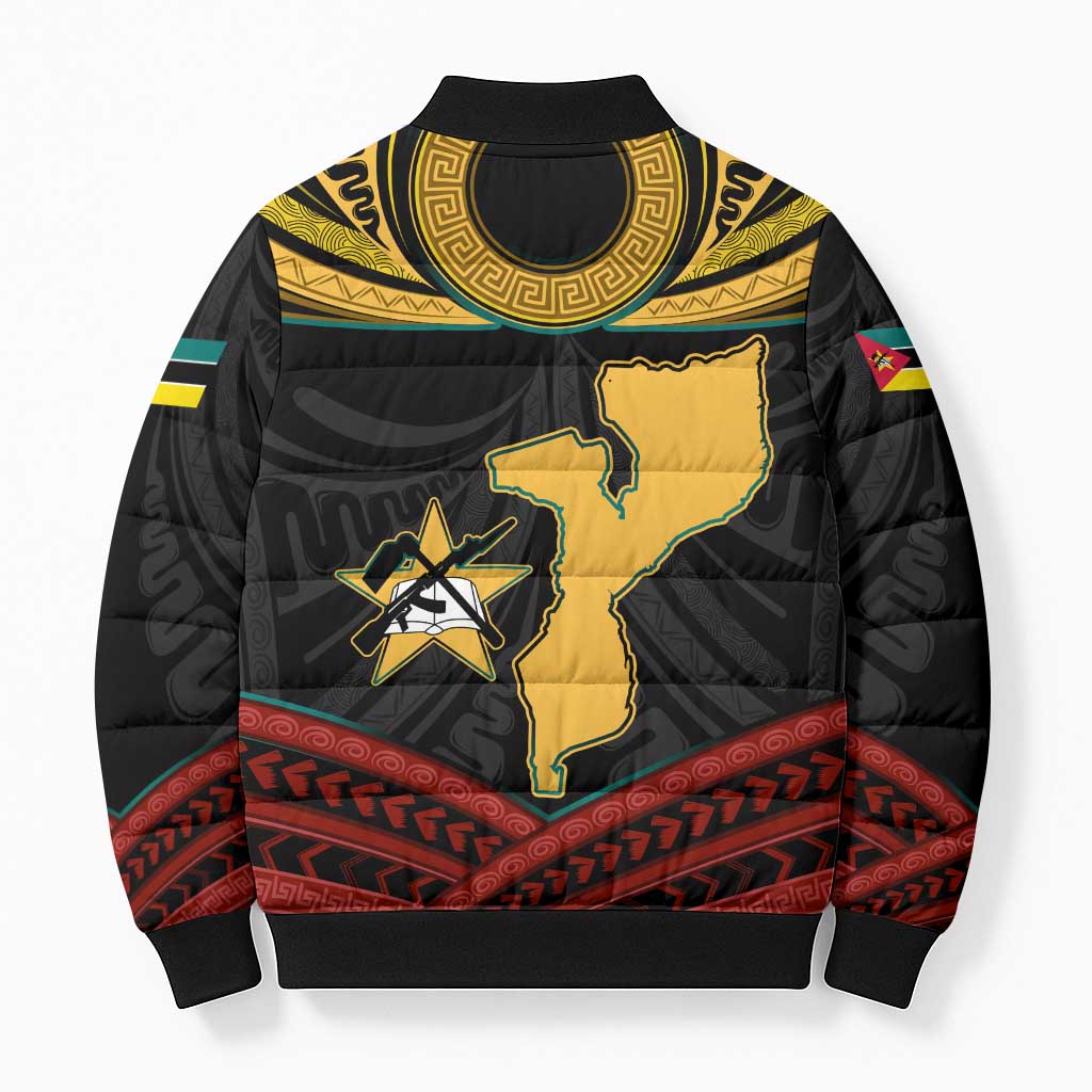 Mozambique Bomber Puffer Jacket with Black Red Tribal Design and National Map Pattern - Wonder Print Shop