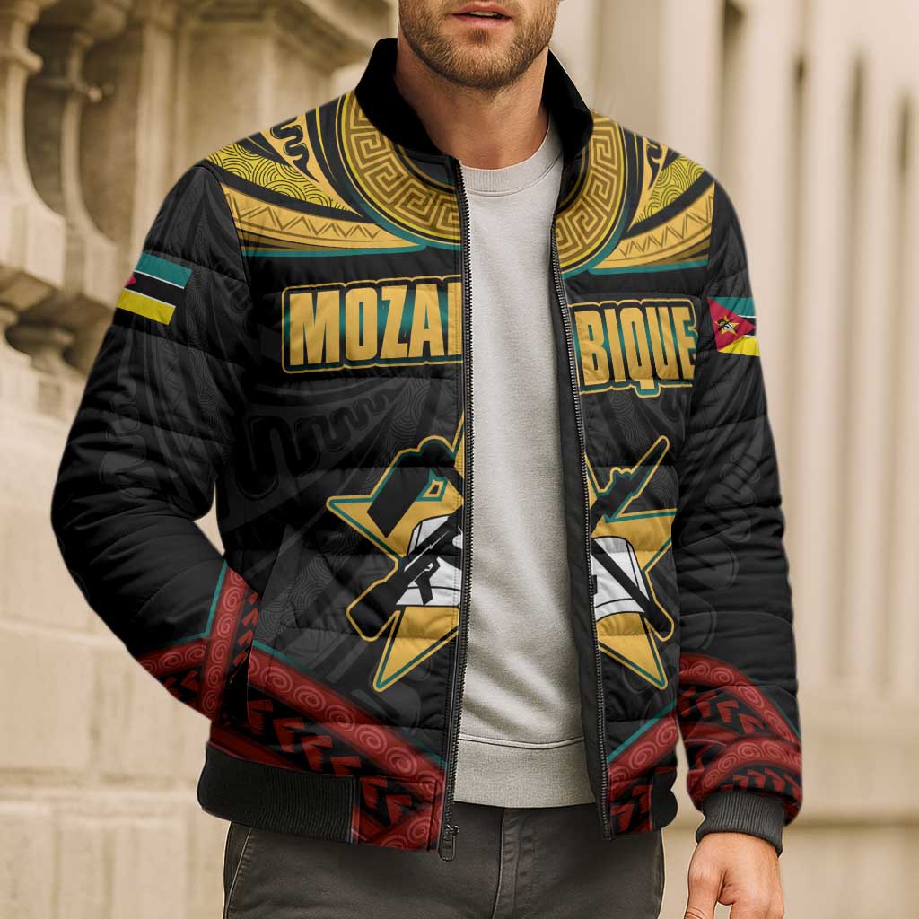Mozambique Bomber Puffer Jacket with Black Red Tribal Design and National Map Pattern - Wonder Print Shop