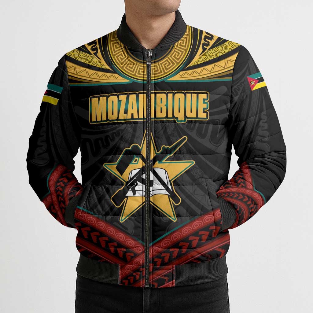 Mozambique Bomber Puffer Jacket with Black Red Tribal Design and National Map Pattern - Wonder Print Shop