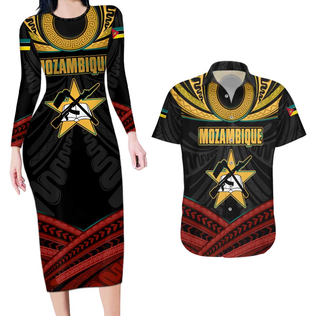 Mozambique Couples Matching Long Sleeve Bodycon Dress and Hawaiian Shirt with Black Red Tribal Design and National Map Pattern - Wonder Print Shop