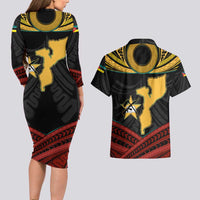 Mozambique Couples Matching Long Sleeve Bodycon Dress and Hawaiian Shirt with Black Red Tribal Design and National Map Pattern - Wonder Print Shop