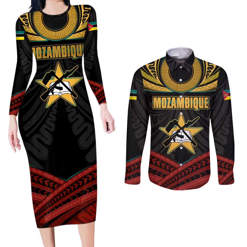Mozambique Couples Matching Long Sleeve Bodycon Dress and Long Sleeve Button Shirt with Black Red Tribal Design and National Map Pattern - Wonder Print Shop
