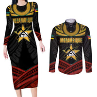 Mozambique Couples Matching Long Sleeve Bodycon Dress and Long Sleeve Button Shirt with Black Red Tribal Design and National Map Pattern - Wonder Print Shop