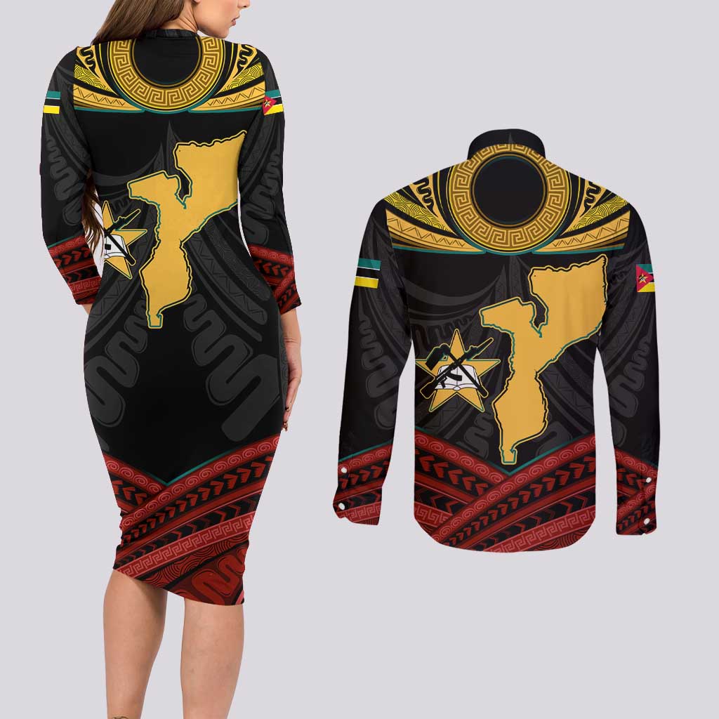 Mozambique Couples Matching Long Sleeve Bodycon Dress and Long Sleeve Button Shirt with Black Red Tribal Design and National Map Pattern - Wonder Print Shop
