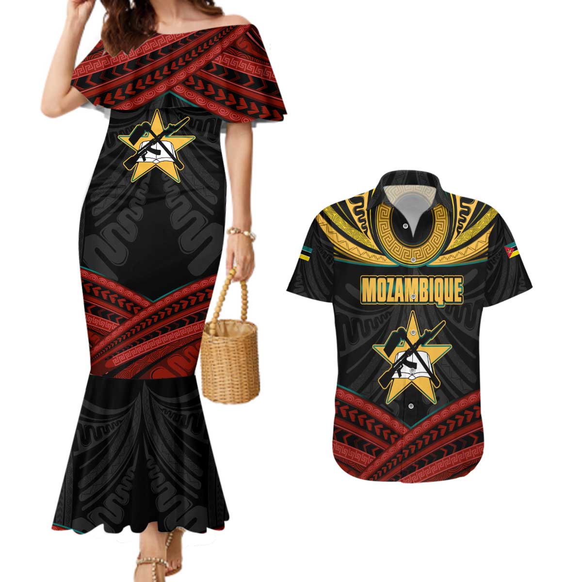 Mozambique Couples Matching Mermaid Dress and Hawaiian Shirt with Black Red Tribal Design and National Map Pattern - Wonder Print Shop