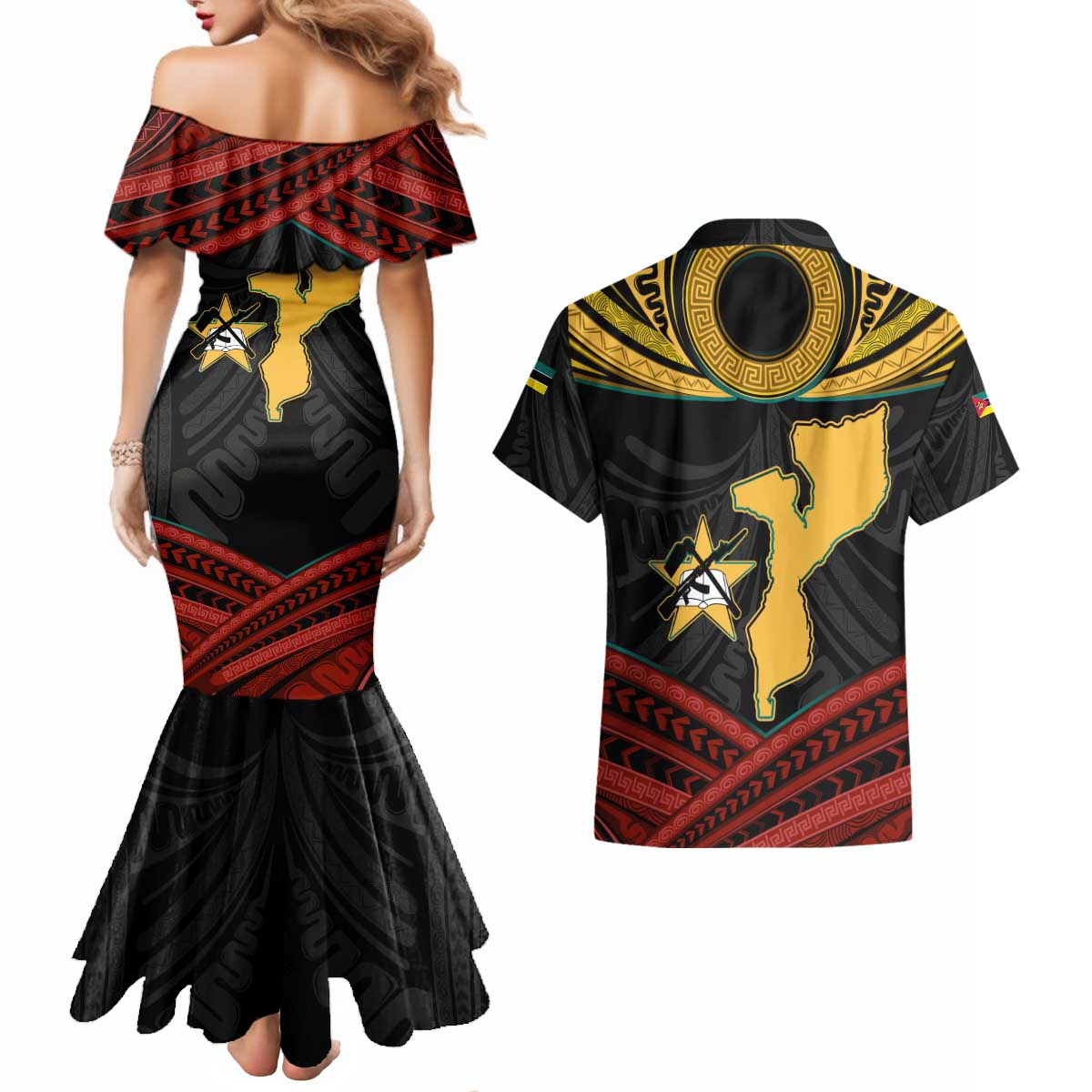 Mozambique Couples Matching Mermaid Dress and Hawaiian Shirt with Black Red Tribal Design and National Map Pattern - Wonder Print Shop