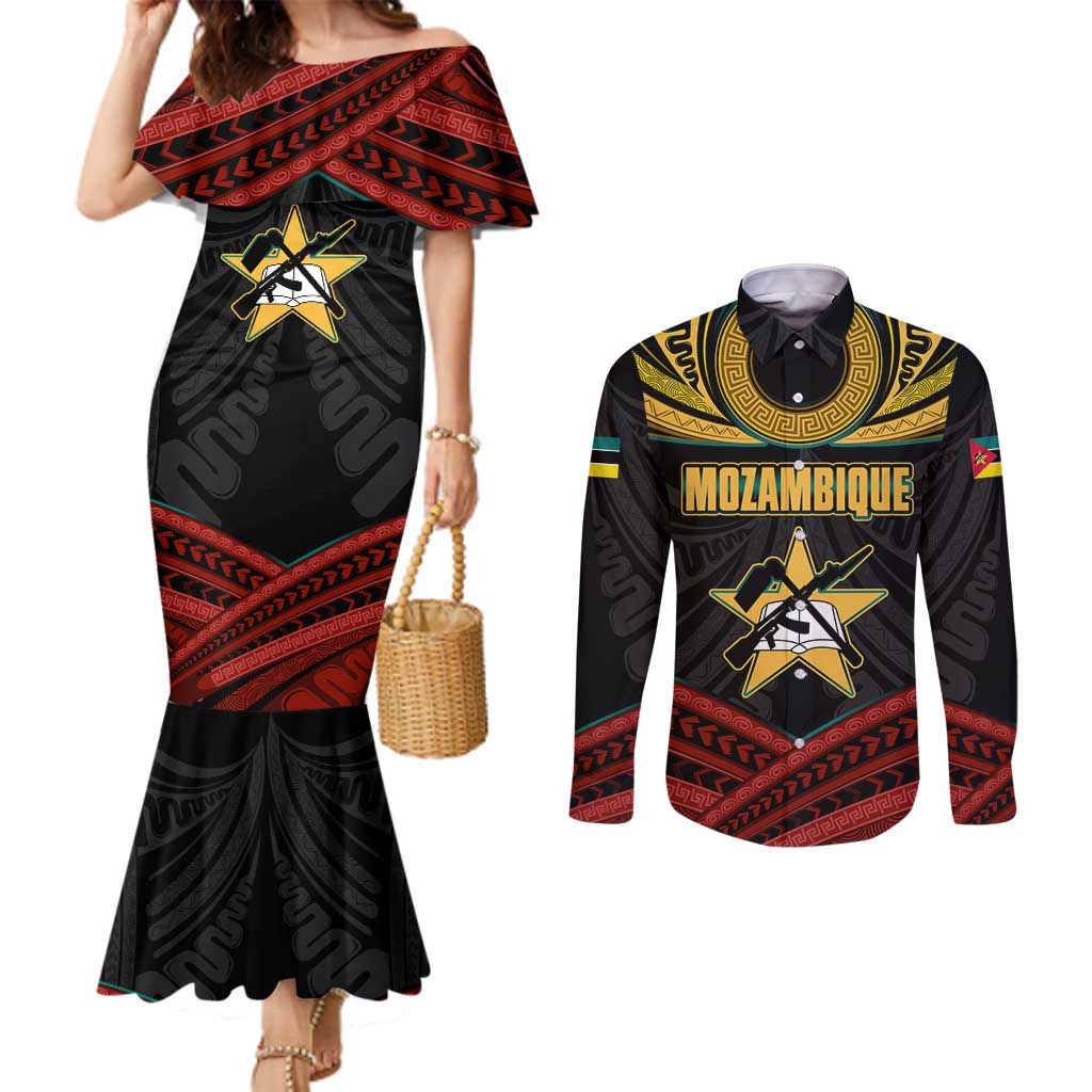Mozambique Couples Matching Mermaid Dress and Long Sleeve Button Shirt with Black Red Tribal Design and National Map Pattern - Wonder Print Shop