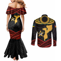 Mozambique Couples Matching Mermaid Dress and Long Sleeve Button Shirt with Black Red Tribal Design and National Map Pattern - Wonder Print Shop