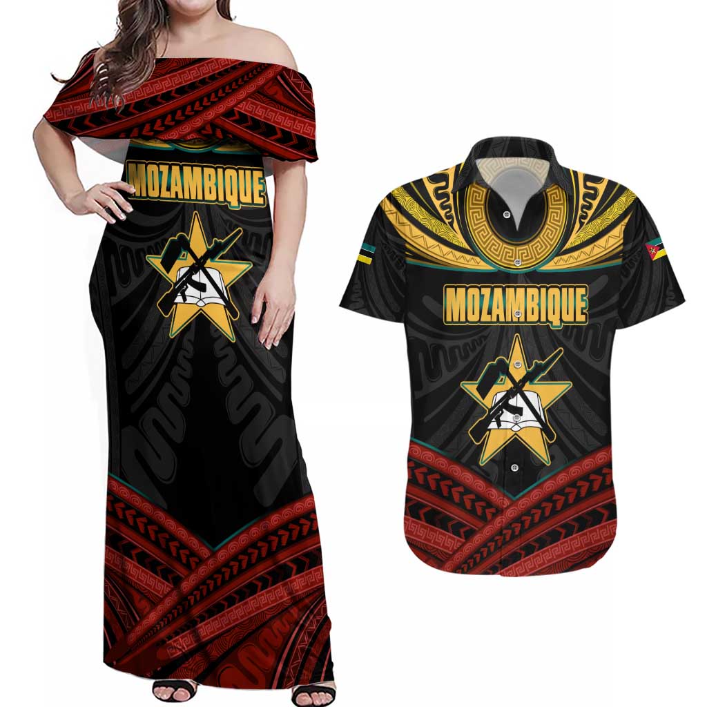 Mozambique Couples Matching Off Shoulder Maxi Dress and Hawaiian Shirt with Black Red Tribal Design and National Map Pattern - Wonder Print Shop