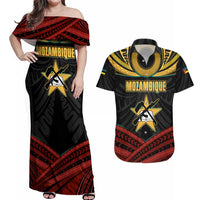 Mozambique Couples Matching Off Shoulder Maxi Dress and Hawaiian Shirt with Black Red Tribal Design and National Map Pattern - Wonder Print Shop