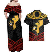 Mozambique Couples Matching Off Shoulder Maxi Dress and Hawaiian Shirt with Black Red Tribal Design and National Map Pattern - Wonder Print Shop