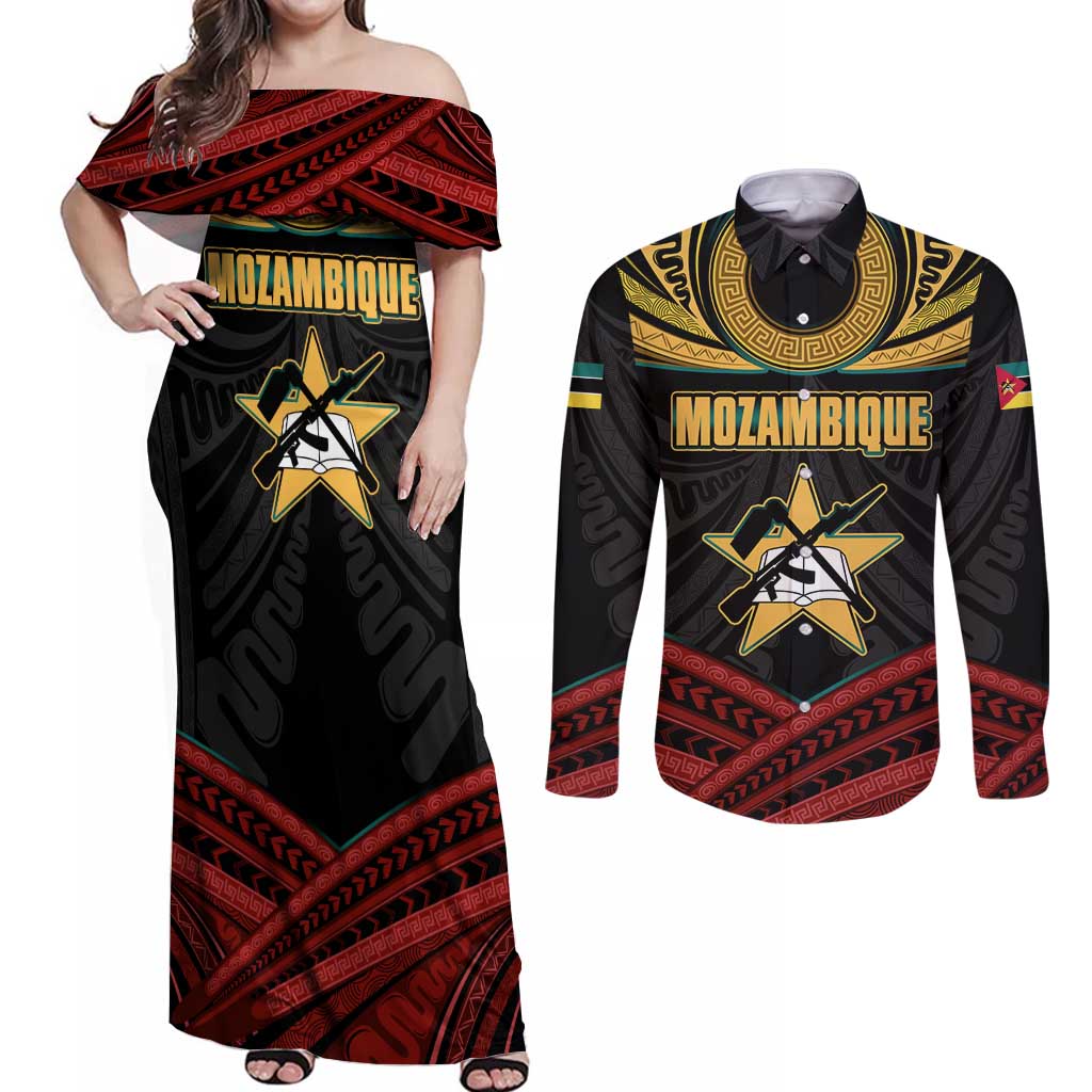 Mozambique Couples Matching Off Shoulder Maxi Dress and Long Sleeve Button Shirt with Black Red Tribal Design and National Map Pattern - Wonder Print Shop