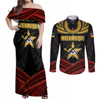 Mozambique Couples Matching Off Shoulder Maxi Dress and Long Sleeve Button Shirt with Black Red Tribal Design and National Map Pattern - Wonder Print Shop