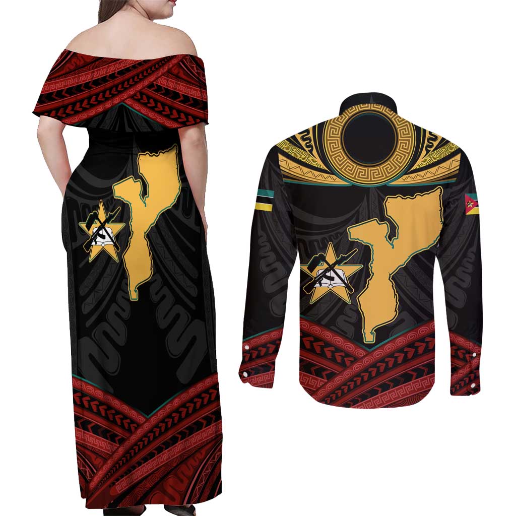 Mozambique Couples Matching Off Shoulder Maxi Dress and Long Sleeve Button Shirt with Black Red Tribal Design and National Map Pattern - Wonder Print Shop