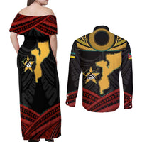 Mozambique Couples Matching Off Shoulder Maxi Dress and Long Sleeve Button Shirt with Black Red Tribal Design and National Map Pattern - Wonder Print Shop