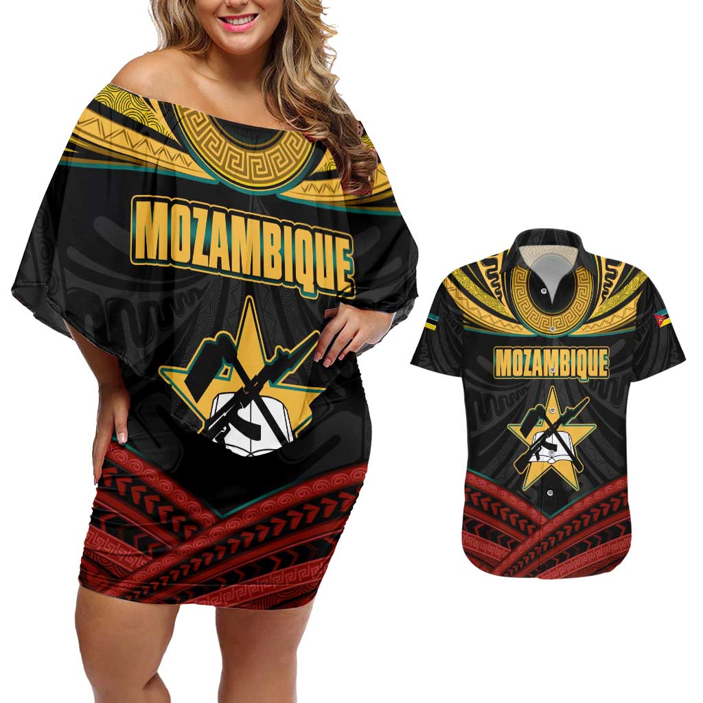 Mozambique Couples Matching Off Shoulder Short Dress and Hawaiian Shirt with Black Red Tribal Design and National Map Pattern - Wonder Print Shop