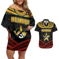 Mozambique Couples Matching Off Shoulder Short Dress and Hawaiian Shirt with Black Red Tribal Design and National Map Pattern - Wonder Print Shop