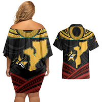 Mozambique Couples Matching Off Shoulder Short Dress and Hawaiian Shirt with Black Red Tribal Design and National Map Pattern - Wonder Print Shop