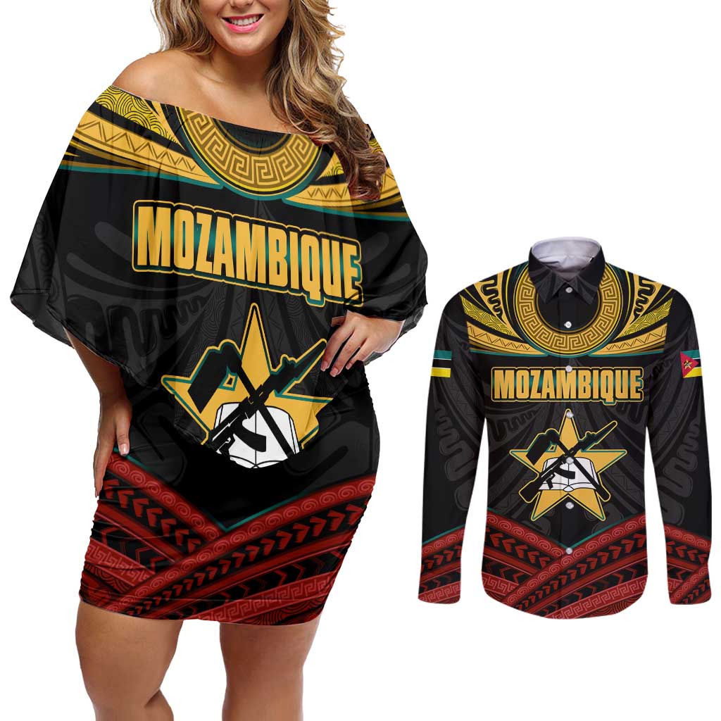 Mozambique Couples Matching Off Shoulder Short Dress and Long Sleeve Button Shirt with Black Red Tribal Design and National Map Pattern - Wonder Print Shop