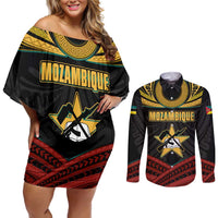 Mozambique Couples Matching Off Shoulder Short Dress and Long Sleeve Button Shirt with Black Red Tribal Design and National Map Pattern - Wonder Print Shop