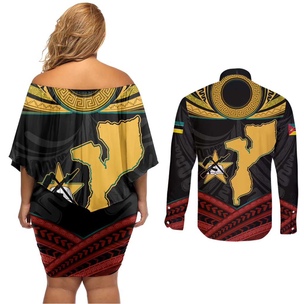 Mozambique Couples Matching Off Shoulder Short Dress and Long Sleeve Button Shirt with Black Red Tribal Design and National Map Pattern - Wonder Print Shop