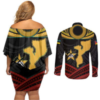 Mozambique Couples Matching Off Shoulder Short Dress and Long Sleeve Button Shirt with Black Red Tribal Design and National Map Pattern - Wonder Print Shop