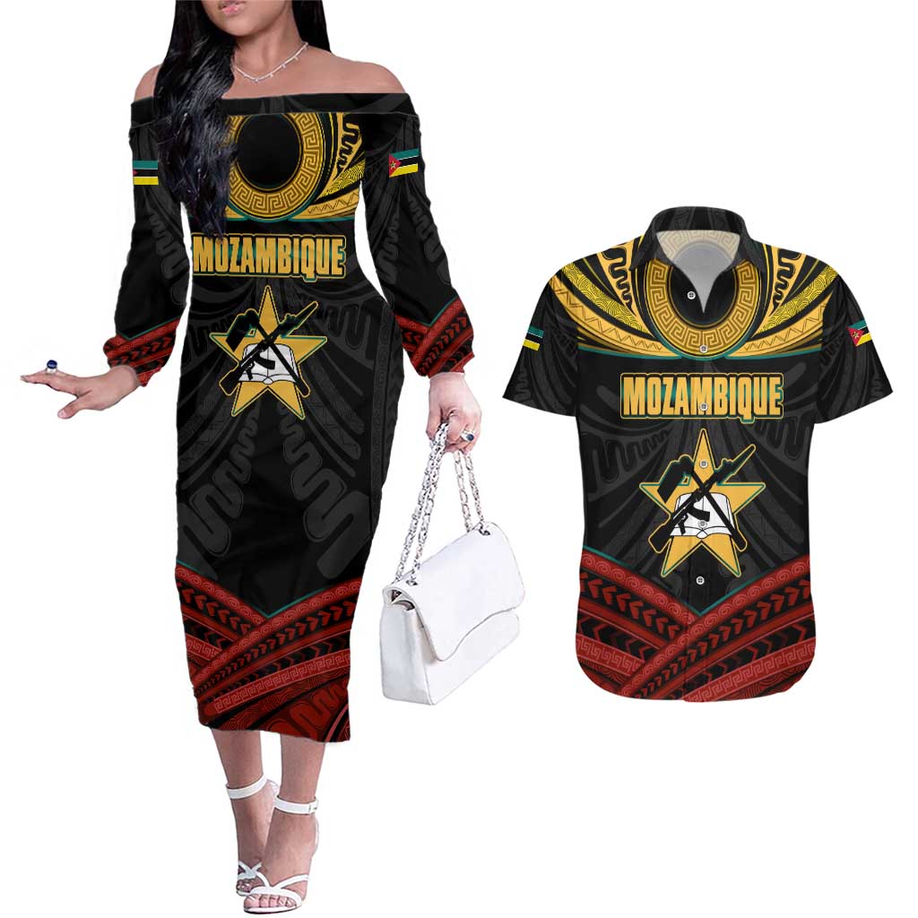 Mozambique Couples Matching Off The Shoulder Long Sleeve Dress and Hawaiian Shirt with Black Red Tribal Design and National Map Pattern - Wonder Print Shop