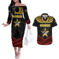 Mozambique Couples Matching Off The Shoulder Long Sleeve Dress and Hawaiian Shirt with Black Red Tribal Design and National Map Pattern - Wonder Print Shop