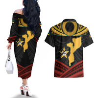 Mozambique Couples Matching Off The Shoulder Long Sleeve Dress and Hawaiian Shirt with Black Red Tribal Design and National Map Pattern - Wonder Print Shop