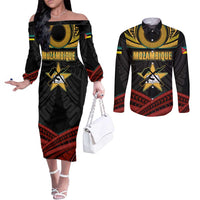 Mozambique Couples Matching Off The Shoulder Long Sleeve Dress and Long Sleeve Button Shirt with Black Red Tribal Design and National Map Pattern - Wonder Print Shop